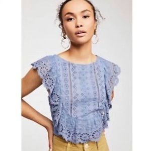 Free People Ruffle Detail Lace Eyelet Crop Sleeveless Tie Back Top